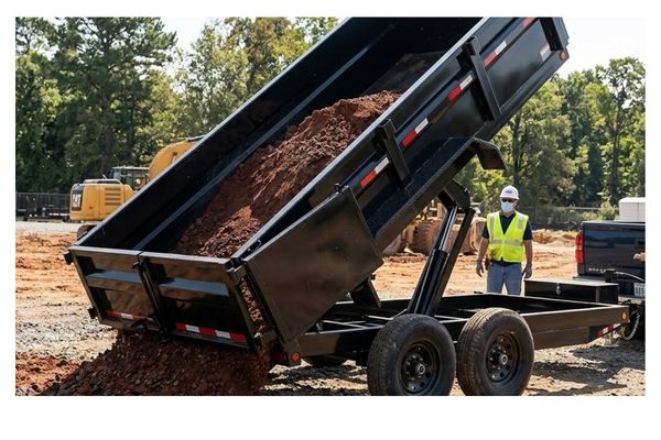 Heavy-duty, unbranded black hydraulic dump trailer operating on a construction site near Jacksonville, TX, tilting to unload red dirt.