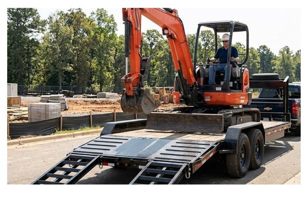 A sturdy equipment hauler trailer with a compact excavator loading via rear ramps on a sunny day.