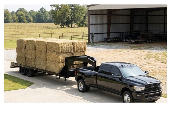 Heavy-duty, unbranded black gooseneck flatbed trailer attached to a dually pickup truck, loaded with large hay bales near an agricultural facility.