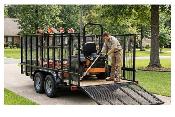 Commercial-grade, unbranded black landscape trailer with high mesh sides and a rear ramp, being loaded with a zero-turn mower in a Jacksonville, TX residential area.
