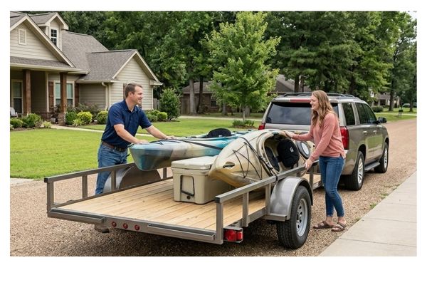 Versatile, unbranded utility trailer being loaded with kayaks and a cooler for a recreational trip in a Jacksonville, TX residential area, showing everyday hauling.