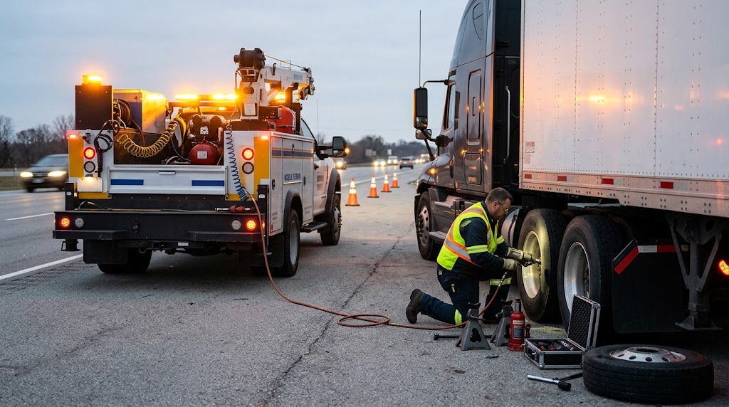 Mobile roadside team servicing a semi truck beside the highway