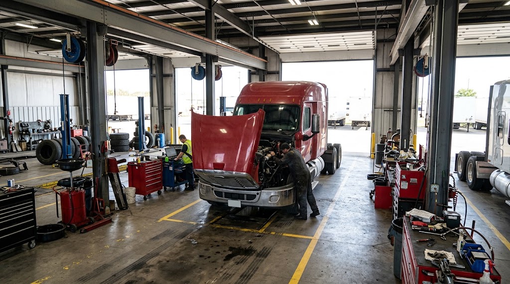 Technicians repairing a semi truck in a fully equipped service shop